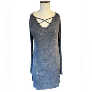 PPLA Arwen Ribbed Knit Stonewashed Tunic Dress Charcoal Crisscrossed Front Sz M